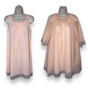 Vintage 60s Sleeveless Nightgown Puff Sleeve Robe Set Melon Lace Women Small